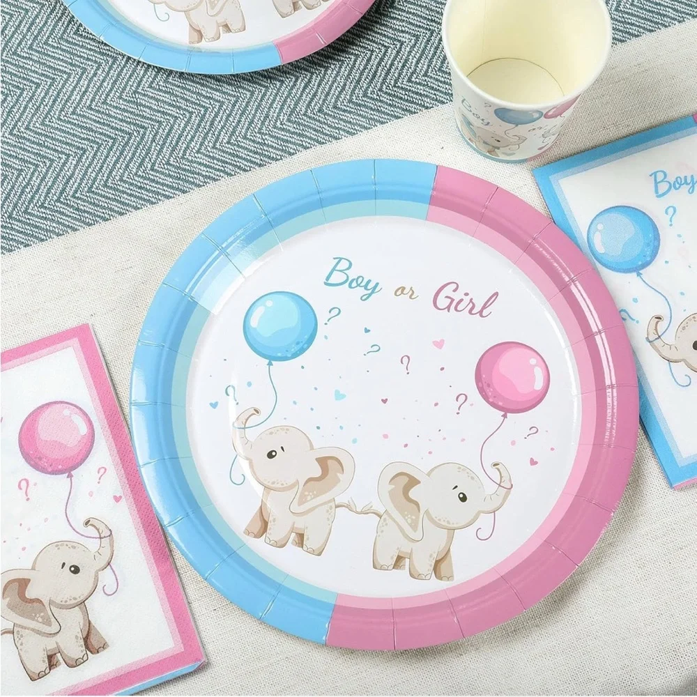 Baby Gender Decoration Kit 96 Pieces, Pink and Blue Plates Set, Boy or Girl Cups